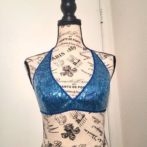 Express blue sequin halter crop top, SX (fits like a small)